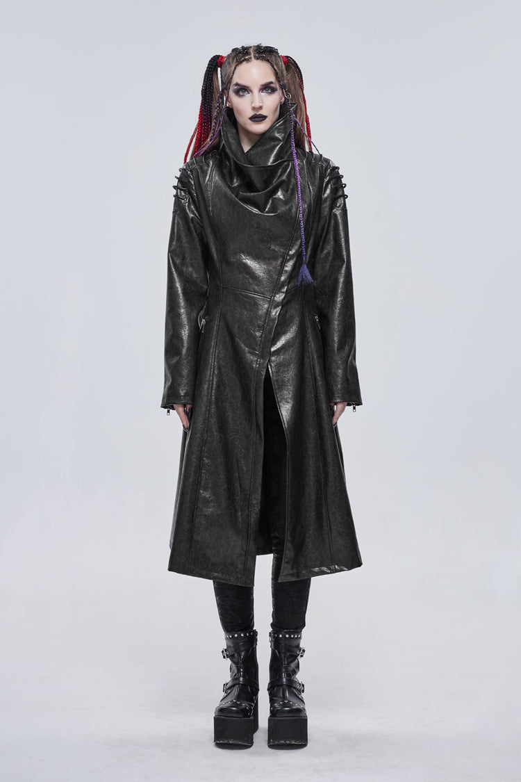 Black/Gray Large Neckline Design Long Leather Shoulder String Decoration Women's Punk Jacket