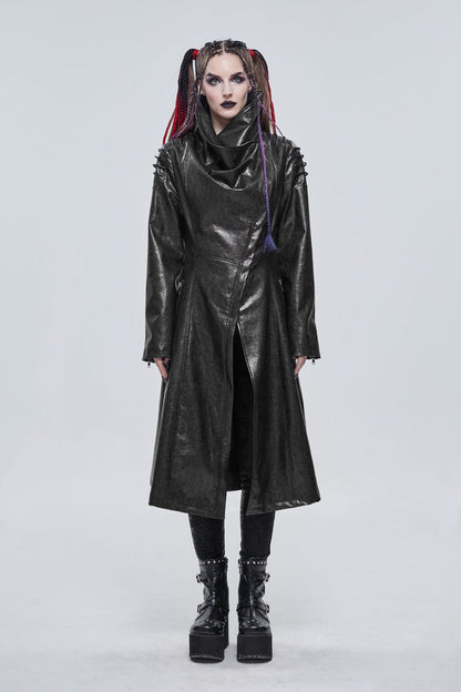 Black/Gray Large Neckline Design Long Leather Shoulder String Decoration Women's Punk Jacket