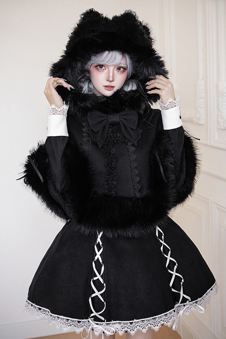 Black/White [Rose Doll] Square Collar Long Sleeves Bowknot Lace-Up Gothic Lolita Dress Set 2 Versions