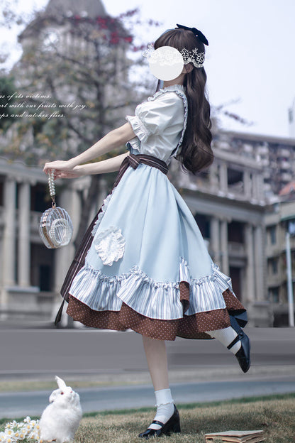 Blue [Magic Vocal Club] Sleeveless Print Ruffle Bowknot Sweet Alice College Style Elegant Lolita Jumper Dress