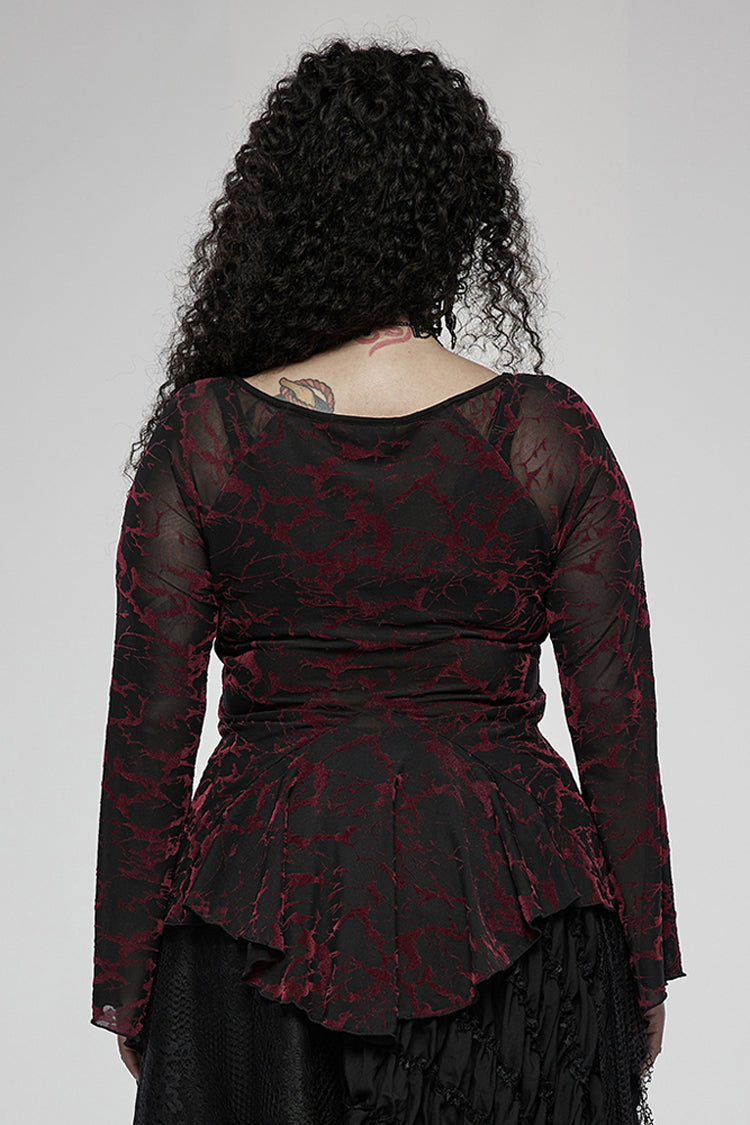 Red V Neck Stretch Mesh Fabric Abstract Pattern Design Flared Cuffs Women's Plus Size Gothic T-Shirt