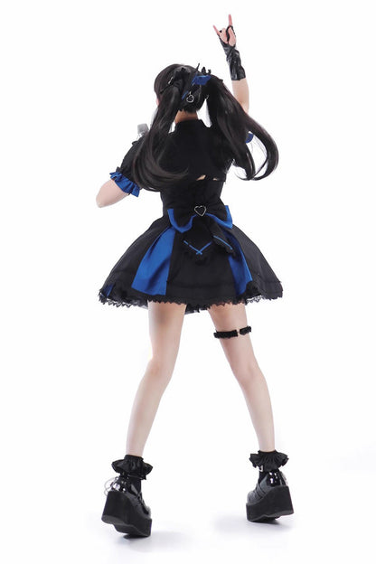 Black/Blue [Night Liana] Ruffle Bowknot Lace-Up Sweet Japanese Lolita Jumper Dress Set