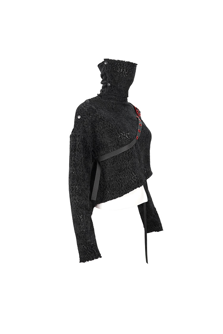 Black Texture Grainy Turtleneck Metal Buckle Through With Grommet Decoration Irregular Women's Punk Sweater