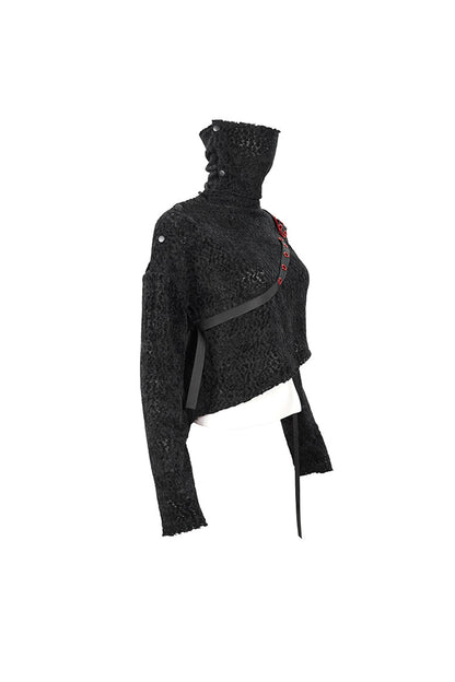 Black Texture Grainy Turtleneck Metal Buckle Through With Grommet Decoration Irregular Women's Punk Sweater