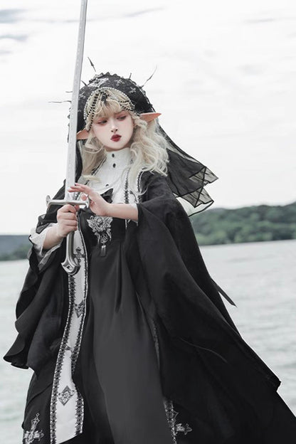 Black [Cross Nun] Stand Collar Off Shoulder Print Bowknot Gothic Elegant Lolita Dress