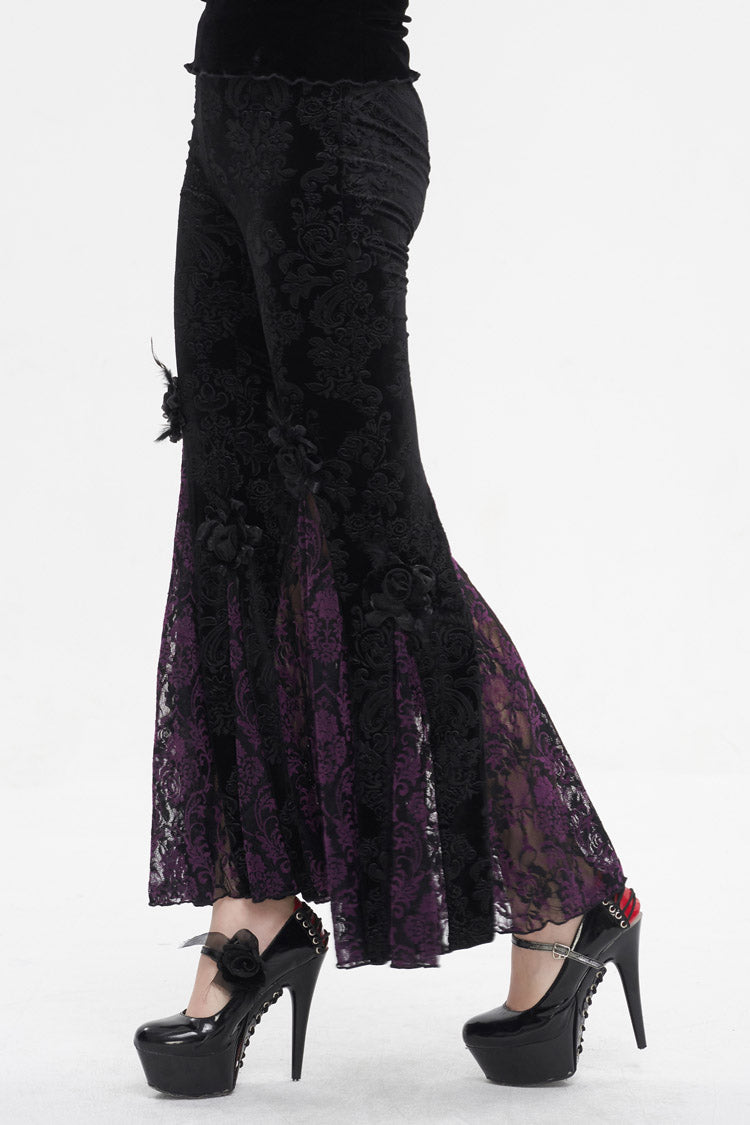 Black/Purple Printed Lace Embroidered Women's Gothic Flared Pants