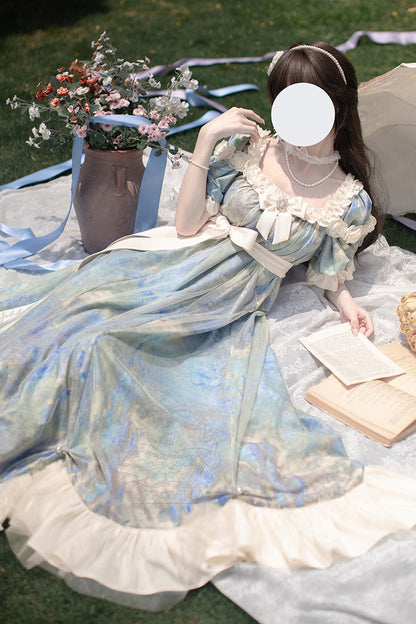 Blue [Oil Painting Sun and Moon Poem] Short Sleeves Print Ruffle Bowknot Sweet Princess Lolita Dress