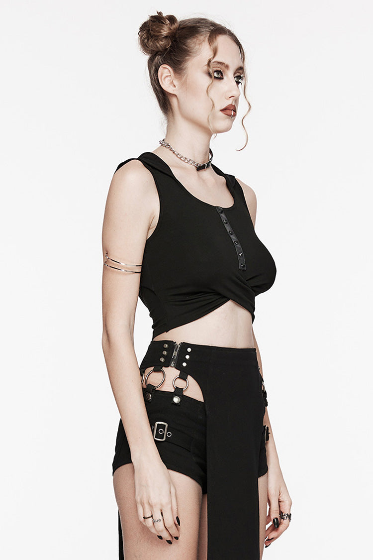 Black Sleeveless Cutout Crossed Hooded Women's Punk Tank Top