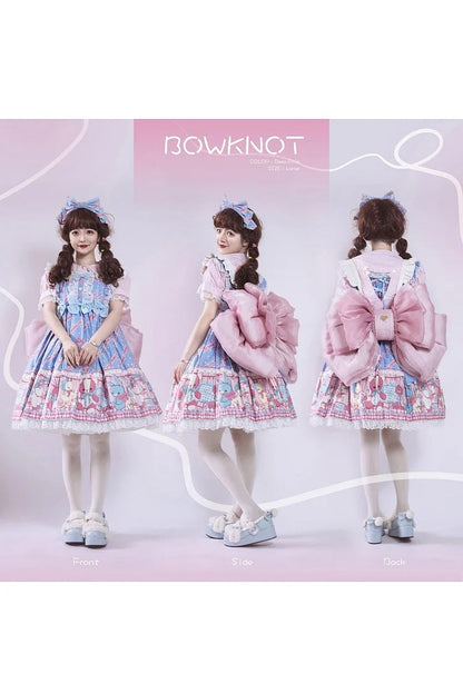 Peach Pink Big Bowknot Metal Heart Nameplate Lolita Backpack