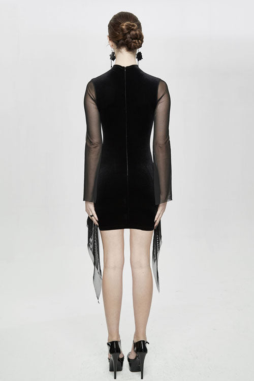 Black Translucent Embroidered Flared Sleeves Sexy Velvet Gothic Womens Dress