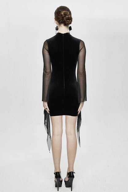 Black Translucent Embroidered Flared Sleeves Sexy Velvet Gothic Womens Dress