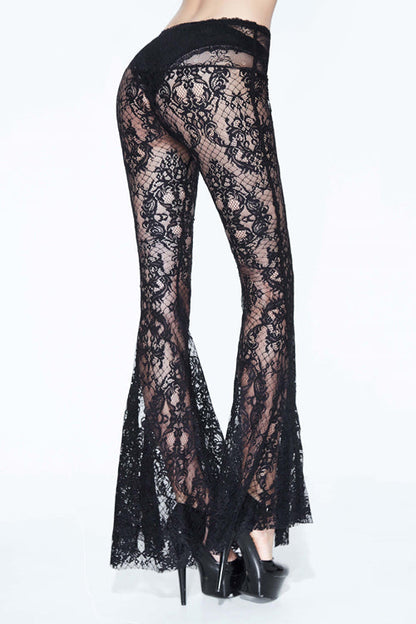 Black Sexy Transparent Lace Bellbottoms With Bead Chain Womens Pants