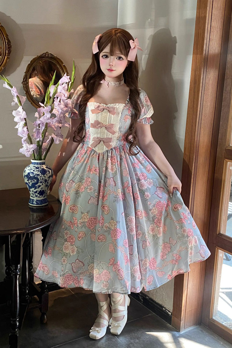 Blue Gem Rose Print Short Puff Sleeves Ruffle Bowknot Sweet Plus Size Lolita Dress