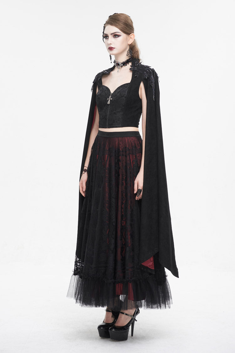 Black Stand Collar Floral Embroidered Women's Gothic Shirt Cloak