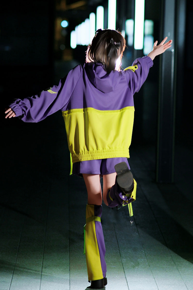 Neon Purple/Green [Zero-Type Transformation] Techwear Long Sleeves Embroidered Hooded Punk Jirai Kei Shorts Coat Set
