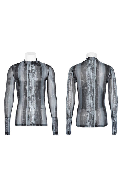 Black/Grey Punk High Collar Technology Sense Printing Elasticity Tight Long Sleeves Men's Shirt