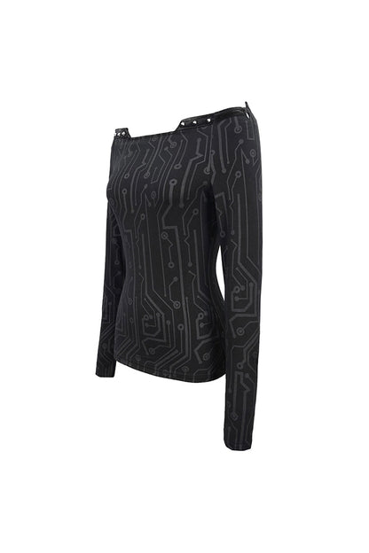 Black Printed Circuit Board Pattern Off-Shoulder Leather Strip Rivet Tight Women's Punk T-Shirt