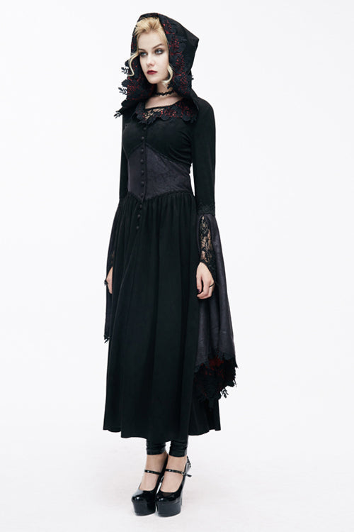 Gothic Black Pointed Hat Velveteen Floral Tunic Womens Coats