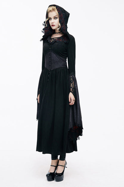 Gothic Black Pointed Hat Velveteen Floral Tunic Womens Coats