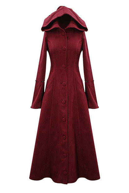 Red Gothic Party Woolen Hooded Sexy Women Long Coat