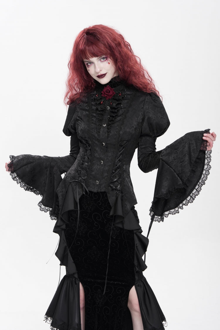 Black Stand Collar Long Puff Sleeves Floral Jacquard Lace-Up Women's Gothic Blouse