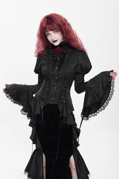 Black Stand Collar Long Puff Sleeves Floral Jacquard Lace-Up Women's Gothic Blouse