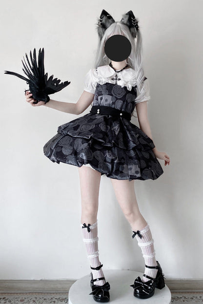 Black Rose Print Two-layer Bowknot Gothic Lolita Jsk Dress