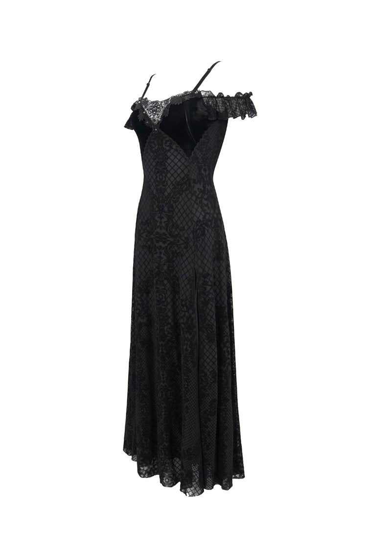 Black Velvet Lace Off Shoulder Ruffled Double Layer Slit Women's Gothic Dresses