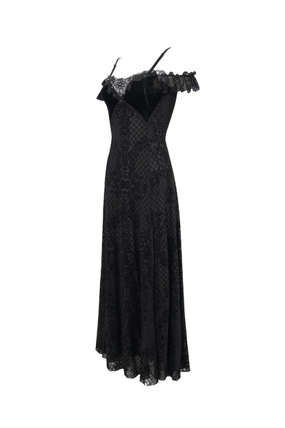 Black Velvet Lace Off Shoulder Ruffled Double Layer Slit Women's Gothic Dresses