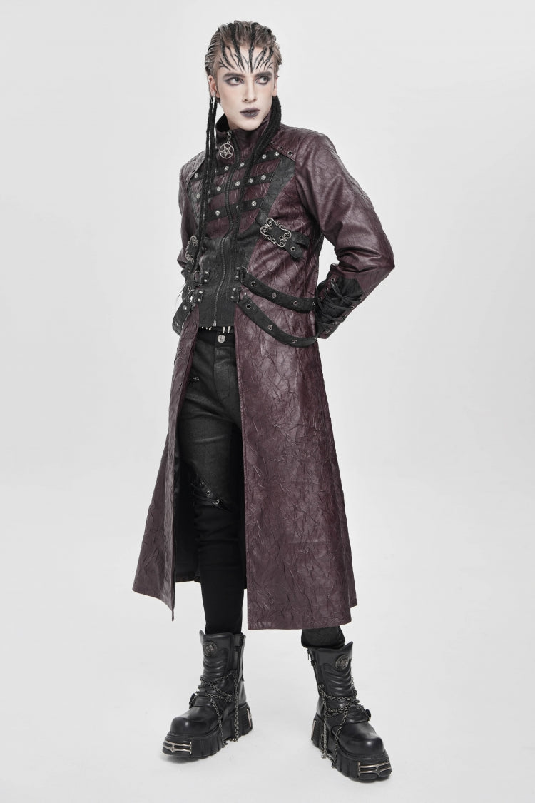 Red Stand Collar Zipper Straps Eyelet Men's Punk Coat
