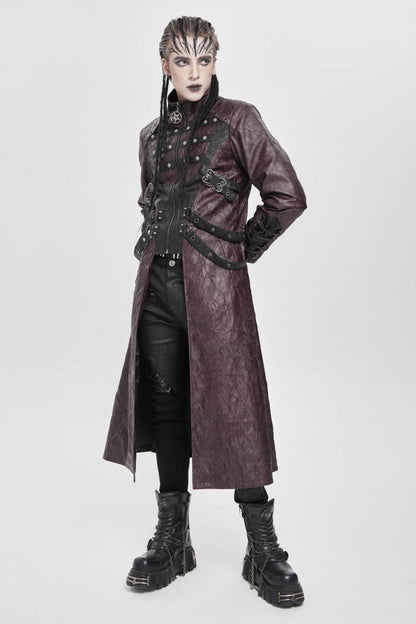 Red Stand Collar Zipper Straps Eyelet Men's Punk Coat