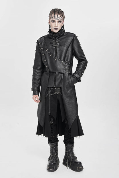 Black Stand Collar Rivet Buckle Zipper Men's Punk Coat