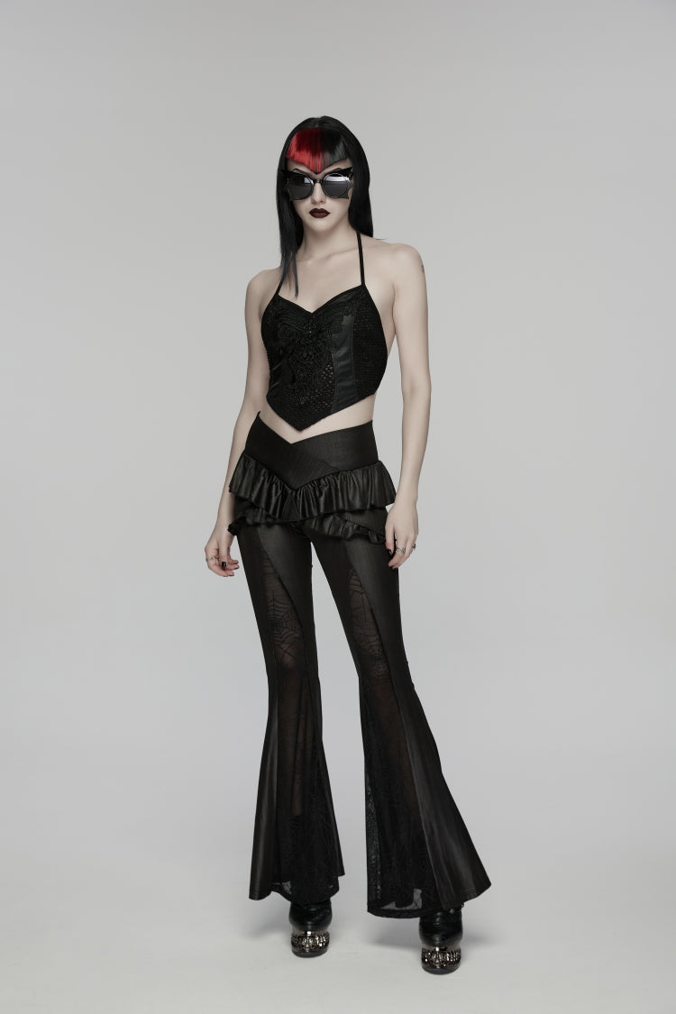 Black Ruffled Women's GothicRuffled Cobweb Pattern Flared Pants