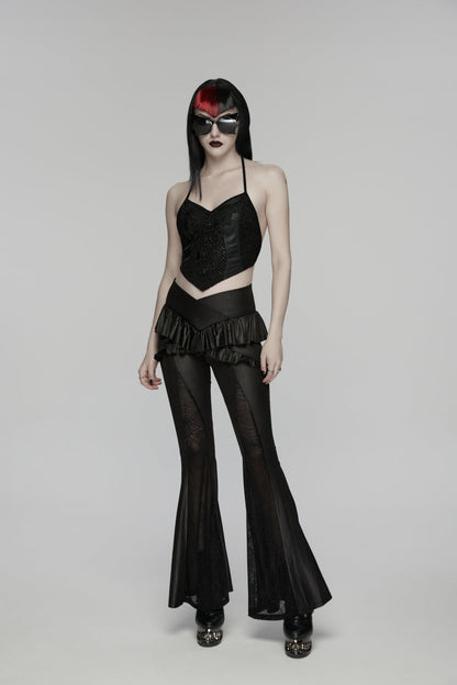 Black Ruffled Women's GothicRuffled Cobweb Pattern Flared Pants