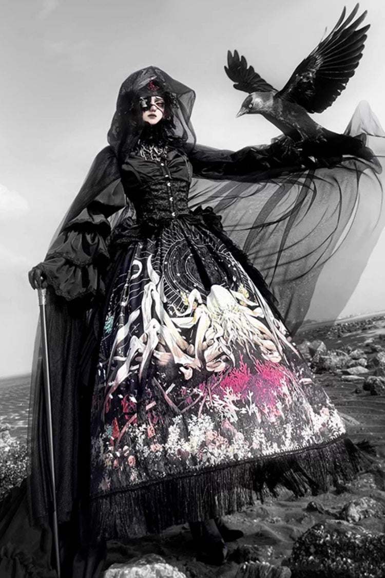 Black [Reborn Ancient God] Long Hime Sleeves Print Lace Gothic Lolita Skirt Dress Set