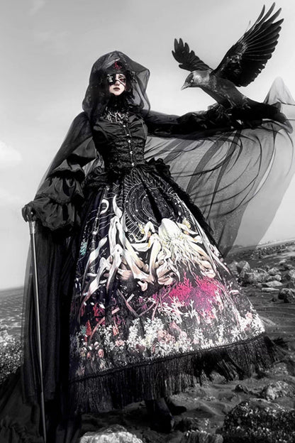 Black [Reborn Ancient God] Long Hime Sleeves Print Lace Gothic Lolita Skirt Dress Set