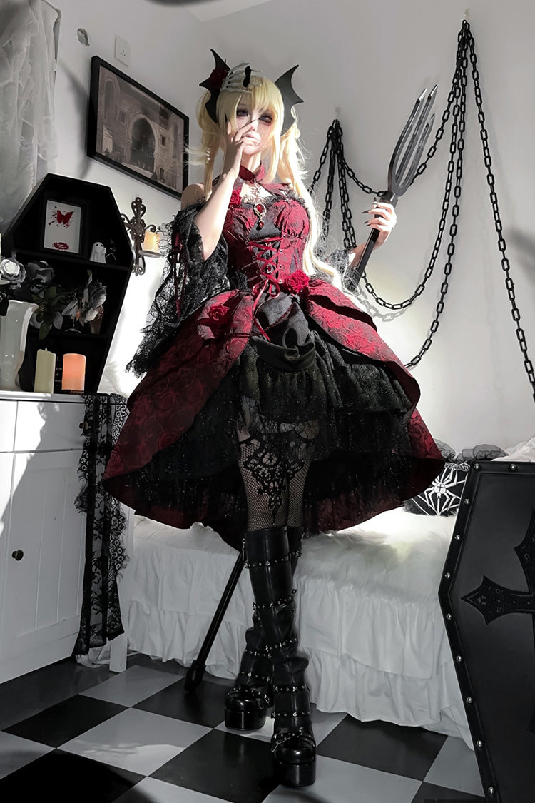 Black/Red [Weeping Rose] Jacquard Print Ruffle Cardigan Bowknot Lace-Up Gothic Lolita Dress