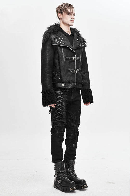 Black Wool Collar Decadent Warm Short Mens Punk Jacket