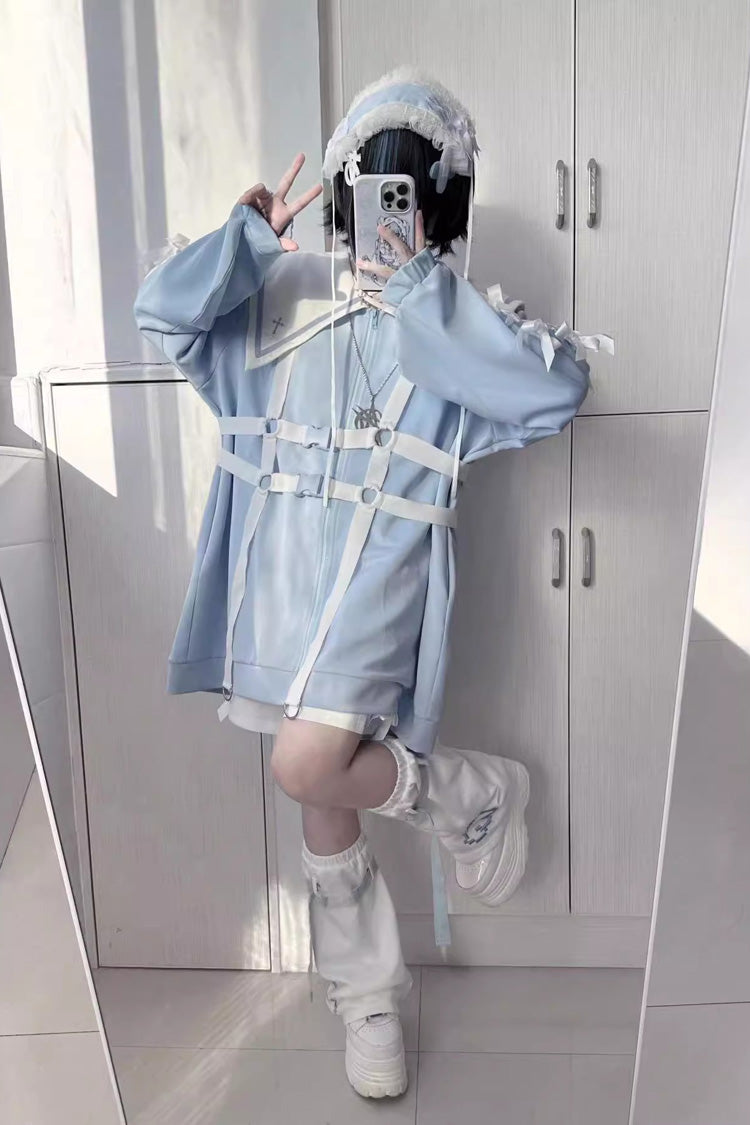 Sailor Collar Long Sleeves Cross Print Bowknot Sweet Jirai Kei Coat 3 Colors