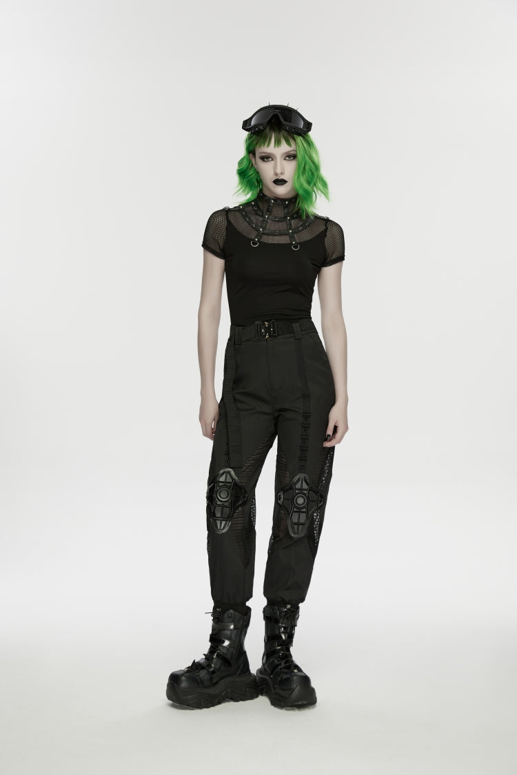 Black Stand Collar Short Sleeves Zippered Women's Punk Rivets&Eyelets T-Shirt