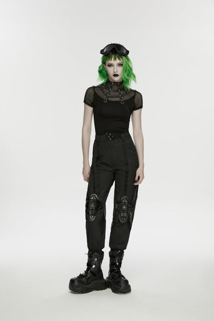 Black Stand Collar Short Sleeves Zippered Women's Punk Rivets&Eyelets T-Shirt
