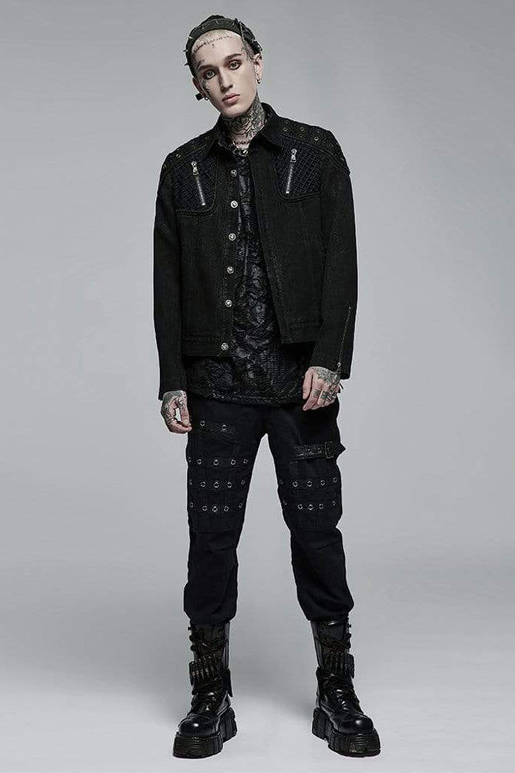 Black Punk Washed Aged Texture Rough Grain Splicing Mesh Metal Buttonholes Zipper Trim Long Sleeve Men's Coat
