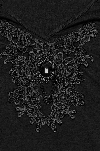 Black Short Sleeves Jacquard Floral Embroidery Women's Gothic Blouse