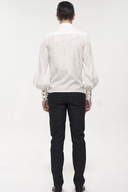 White Gothic Metal Pattern Buckle Long Sleeve Pleated Lace Lantern Shape Printing Pattern Men's Shirt