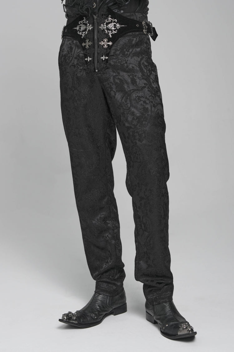 Black Printed Lace-Up Buckled Zippered Men's Gothic Pants