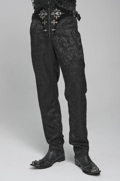 Black Printed Lace-Up Buckled Zippered Men's Gothic Pants