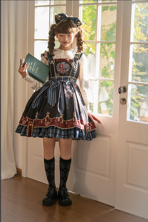Black Vintage College Badge Print Sweet Lolita JSK Dress