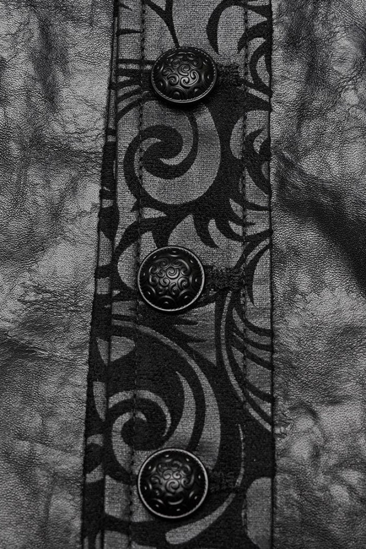 Black V Collar Sleeveless Exquisitely Carved Floral Print Faux Leather Mens Gothic Vest