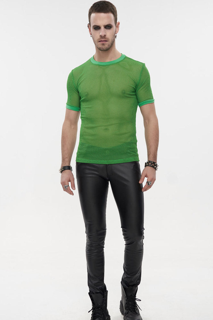 Green Gothic Crew Neck Diamond-Shaped Net Hyperelastic Short Sleeve Men's T-Shirt