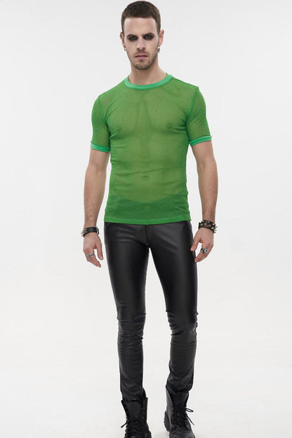 Green Gothic Crew Neck Diamond-Shaped Net Hyperelastic Short Sleeve Men's T-Shirt